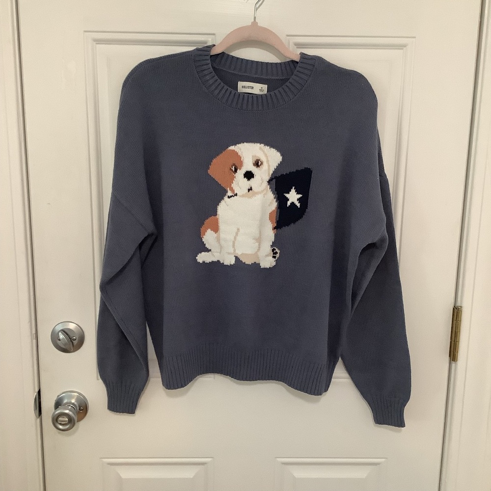 Dog Intarsia Crewneck Sweater in Slate Blue